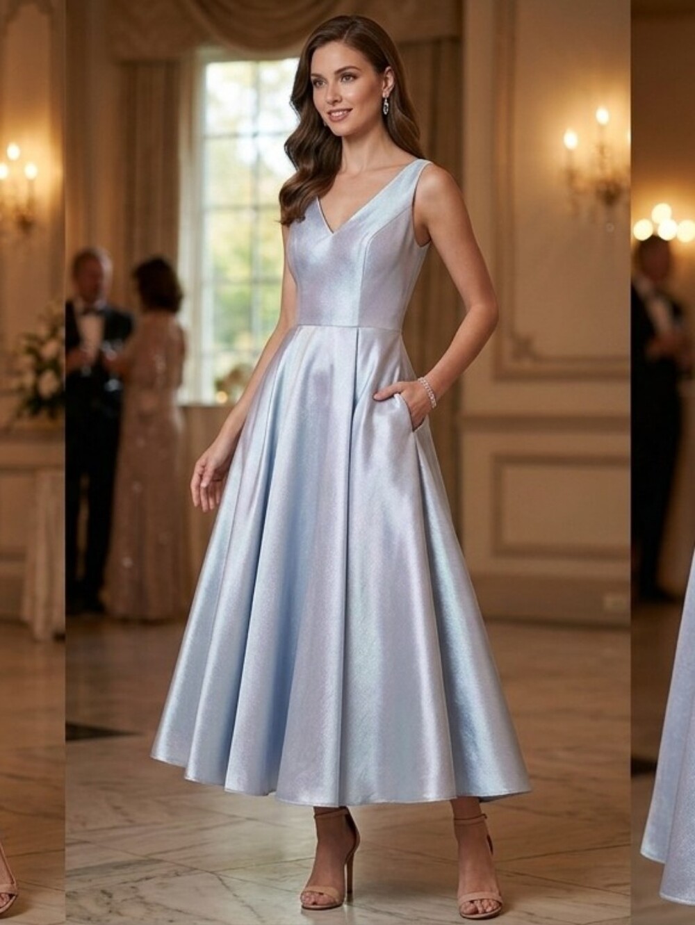 Satin V-Neck A-Line Evening Dress in Light Blue